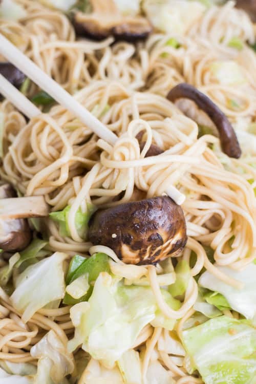 10 MINUTE, EASY Vegetable Lo Mein! This simple recipe uses dry lo mein noodles and lots of vegetables to make a healthy dish that tastes just like your favorite Chinese restaurant! I love that the authentic sauce is made with basic pantry ingredients!