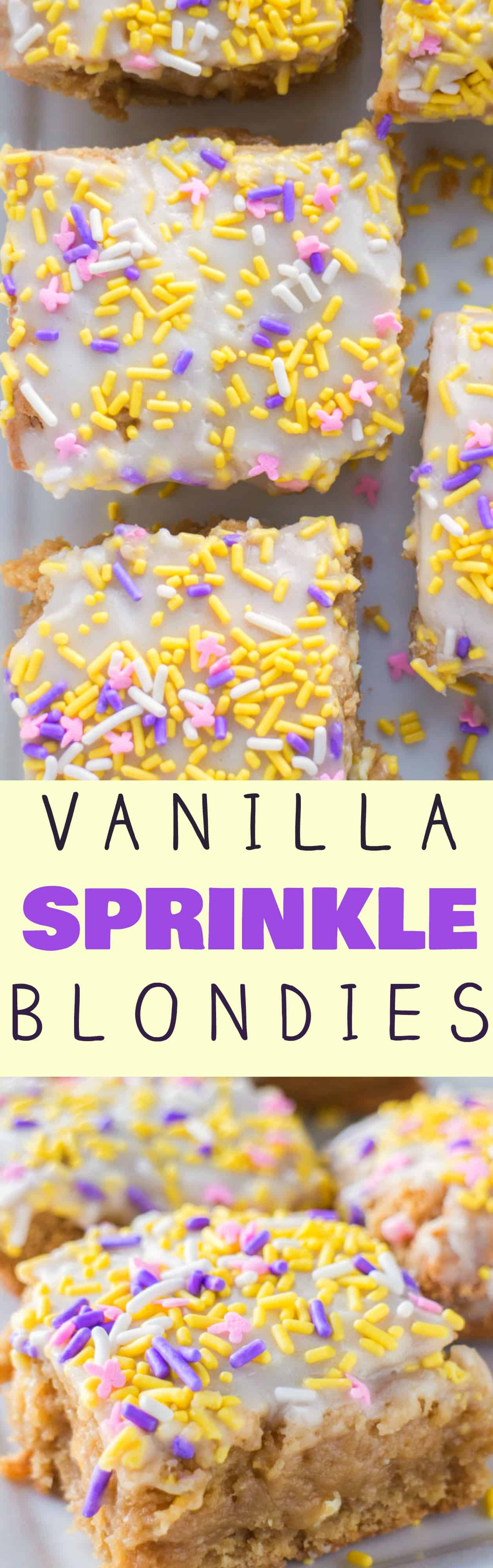 VANILLA Brownies with vanilla frosting and sprinkles on top is my favorite!  This easy dessert recipe makes fudgy, ooey gooey cake tasting vanilla blondies. 