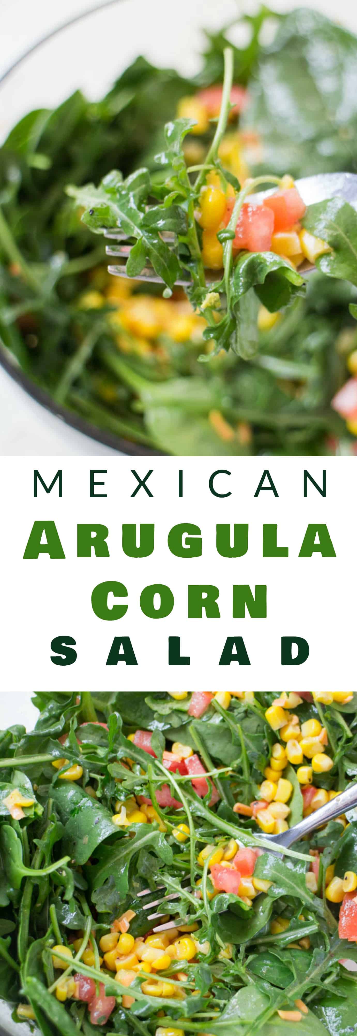 EASY Mexican Arugula Corn Salad with Lime Olive Oil dressing! This simple, healthy salad recipe includes Arugula, Spinach, Tomatoes, Corn and a Olive Oil/Lime/Cumin dressing to give it a Mexican taste! This is a perfect side salad but could easily turn into a main course if you add chicken to it. My family loves this salad, it makes healthy eating easy!