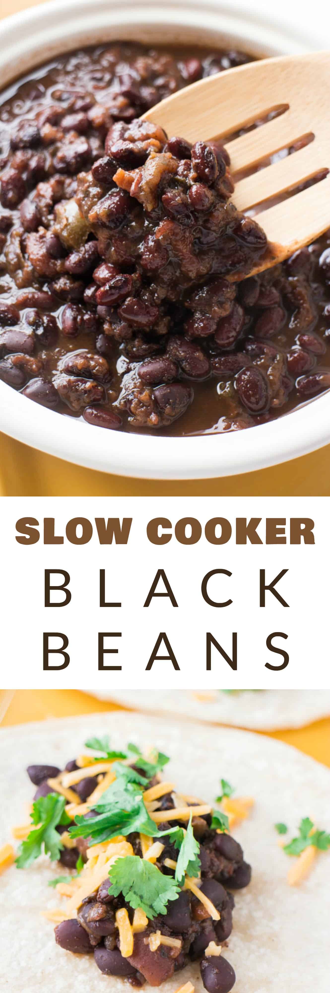 EASY SLOW COOKER black beans made with dried beans! This healthy, vegetarian recipe cooked in the crock pot for 4 hours is so easy and healthy! Because it uses dried beans it's cheap to make too! We love serving these beans on flour tortillas for black bean tacos! It's one of my families favorite comfort foods! 