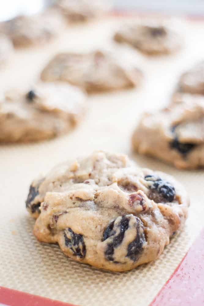 These Coconut Raisin Chocolate Chip Cookies are so good! They have a delicious powdered sugar glaze on top! The cookies are loaded with raisins and pecans so they make the perfect snack!