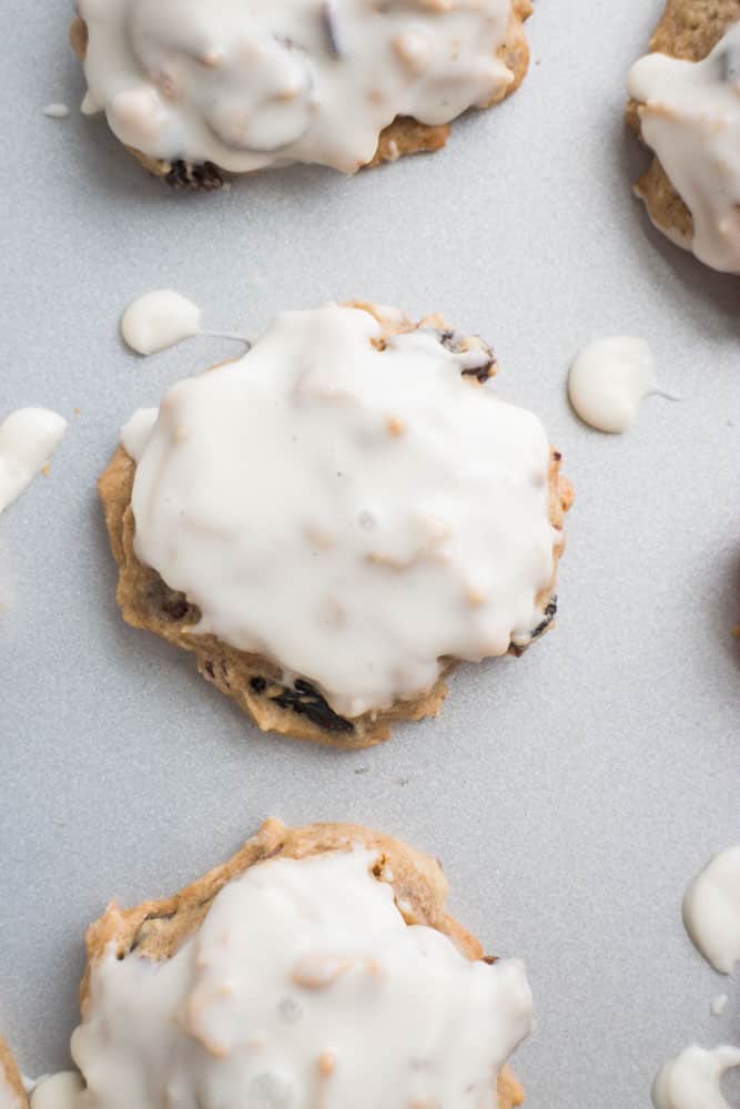 CHEWY Coconut Raisin Chocolate Chip Cookies with AMAZING sugar glaze on top! This easy, healthy recipe is going to become your new favorite cookie! The cookies are loaded with raisins and pecans so they make the perfect breakfast or dessert - my entire family loves them!