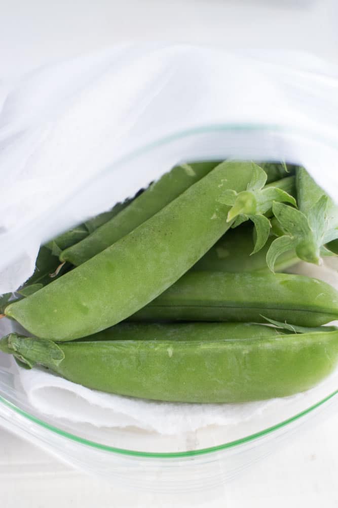Use paper towels to keep your lettuce leaves and sugar snap peas fresh for weeks. The paper towels help remove moisture that can make your vegetables go bad. 