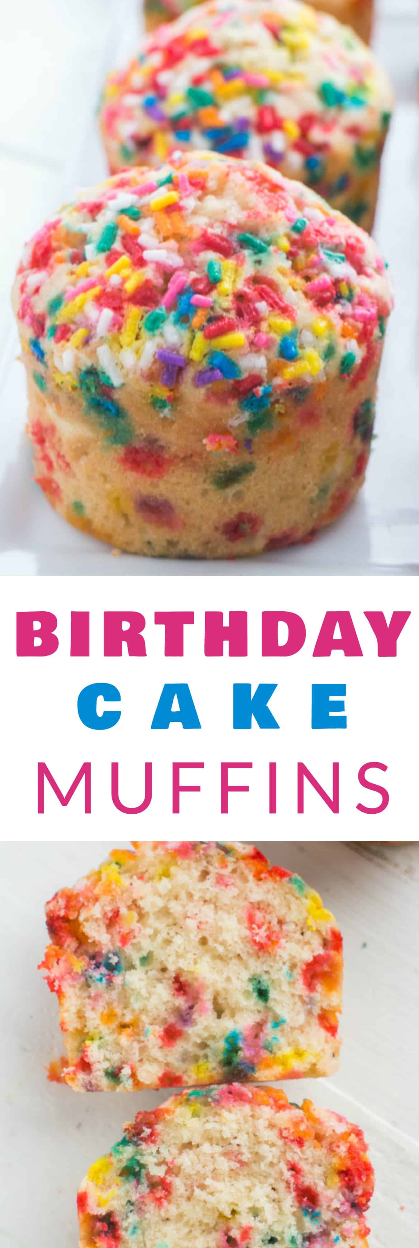 Fluffy, SPRINKLE BIRTHDAY CAKE Muffins that taste just like birthday cake! This is a easy rainbow muffins recipe that is pretty and perfect for happy birthday parties and birthday breakfast.  Kids LOVE these FUN birthday muffins!  