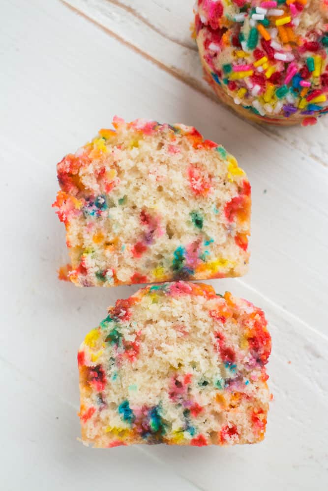 Fluffy, SPRINKLE BIRTHDAY CAKE Muffins that taste just like birthday cake! This is a easy rainbow muffins recipe that is pretty and perfect for happy birthday parties and birthday breakfast.  Kids LOVE these FUN birthday muffins!  