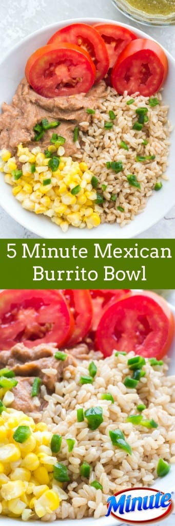 Vegetarian Mexican Burrito Bowl that includes rice, refried beans, corn, tomato, pepper and salsa. Perfect for work lunches or quick dinners as it only takes 5 minutes to make!