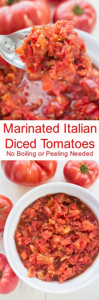 These Italian Diced Tomatoes are marinated overnight with spices for full flavor. Unlike other diced tomato recipes no boiling, water bath or peeling is needed!