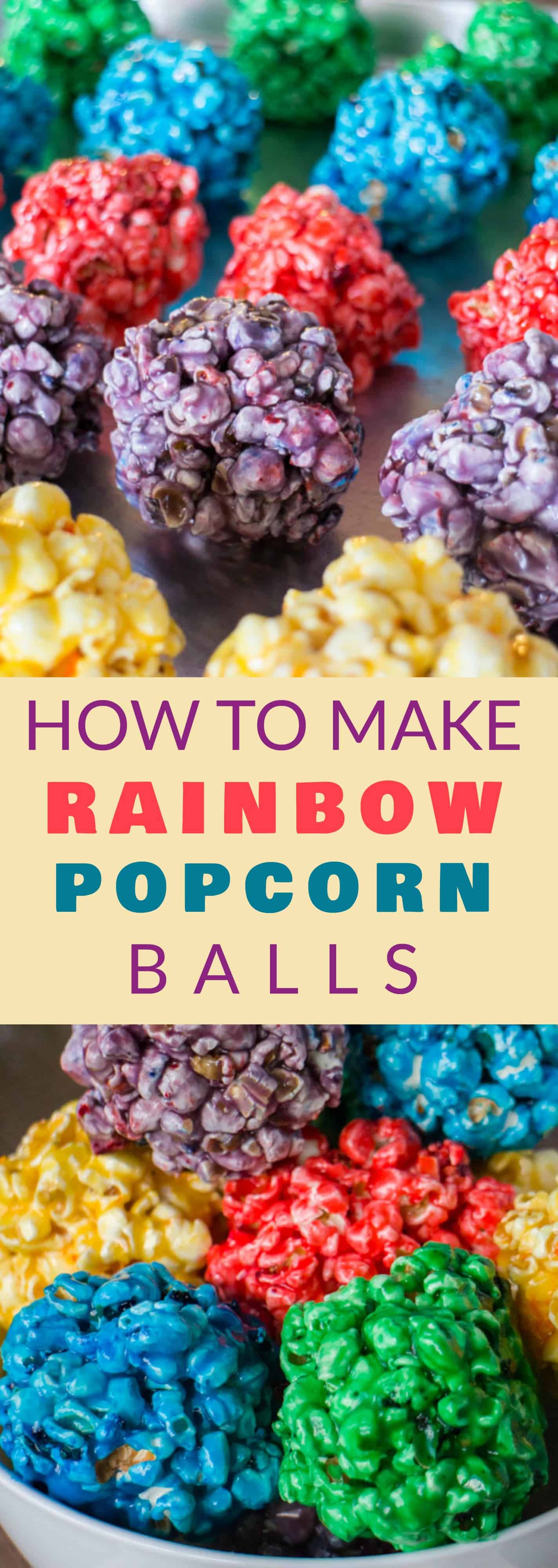 How to Make Rainbow Popcorn Balls with marshmallow! This easy DIY recipe walks you through how to make colored popcorn balls using food dye and karo syrup! They're a great snack and dessert for birthday parties!