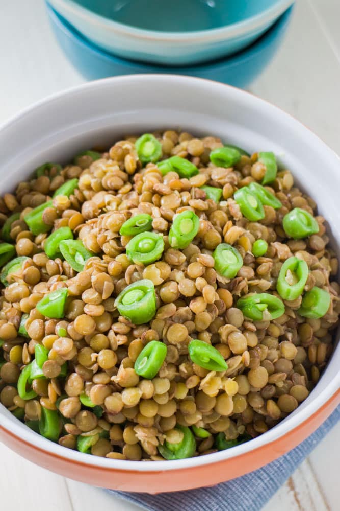 Lime Lentils with Sugar Snap Peas is a delicious healthy side dish made in less than 30 minutes. These make a fantastic dish to serve with chicken or to have on the holiday dinner table. Recipe uses 2 cups dry lentils and 1 1/2 cups fresh sugar snap peas. 