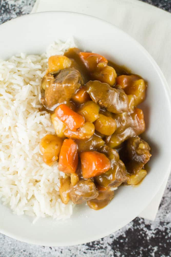 Delicious homemade Japanese Curry (Karei Raisu) using beef, onions, potatoes, carrots and curry sauce mix.