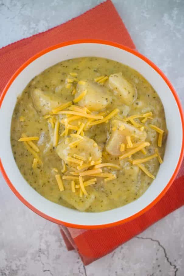 Easy recipe for SLOW COOKER Broccoli Cheese and Potato Soup!  This family favorite soup is cooked on high in the crockpot for 4 hours!