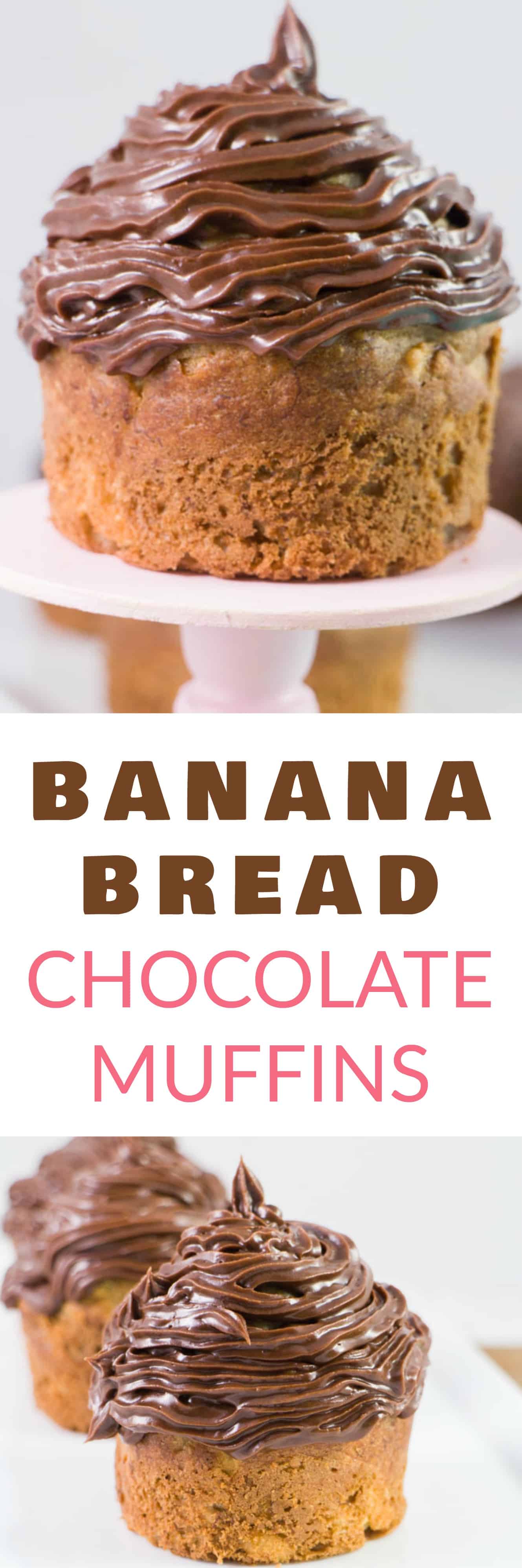 Banana Bread Muffins with CHOCOLATE Frosting!  This easy recipe is made with 3 bananas (that makes it healthy, right?) and tastes just like banana bread!  These muffins are moist and extra soft!  