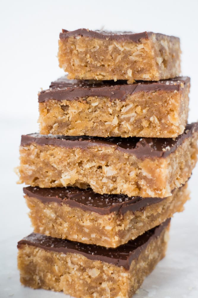 Yummy Peanut Butter Oatmeal Bars with Melted Chocolate Frosting on top. To keep it light on calories substitute 1/2 cup Stevia Blend instead of sugar.