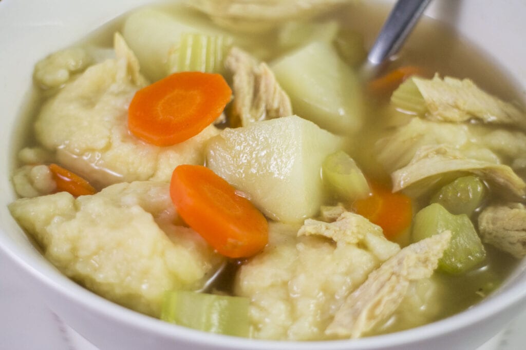 closeup of chicken dumpling soup