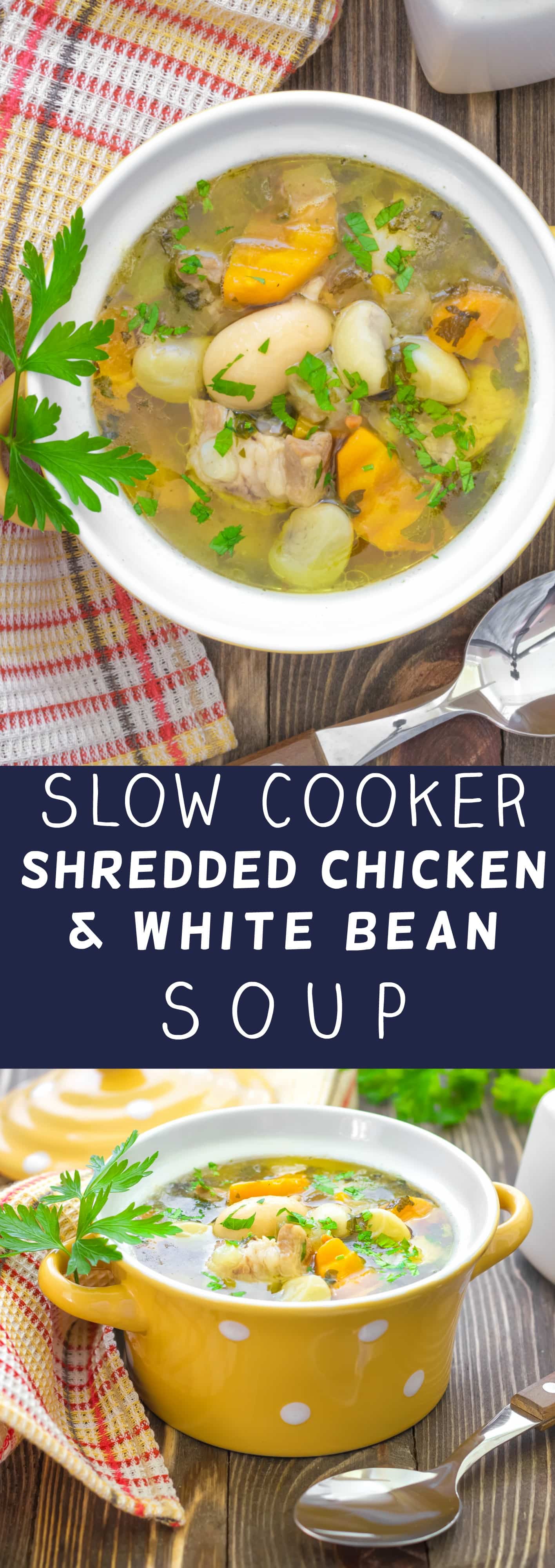 Slow Cooker Shredded Chicken and White Bean Soup is packed with healthy, hearty vegetables which is going to warm up your dinner table! This recipe is easy to make - throw all the ingredients in your crock pot for 8 hours and it's ready! Even better - this meal is economical and doesn't cost much to make!