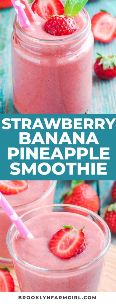 This HEALTHY fruit-filled Strawberry Banana Pineapple Smoothie is a tropical sensation! Made with 4 simple and fresh ingredients, every sip is deliciously creamy, sweet, and energizing. Only 188 calories.