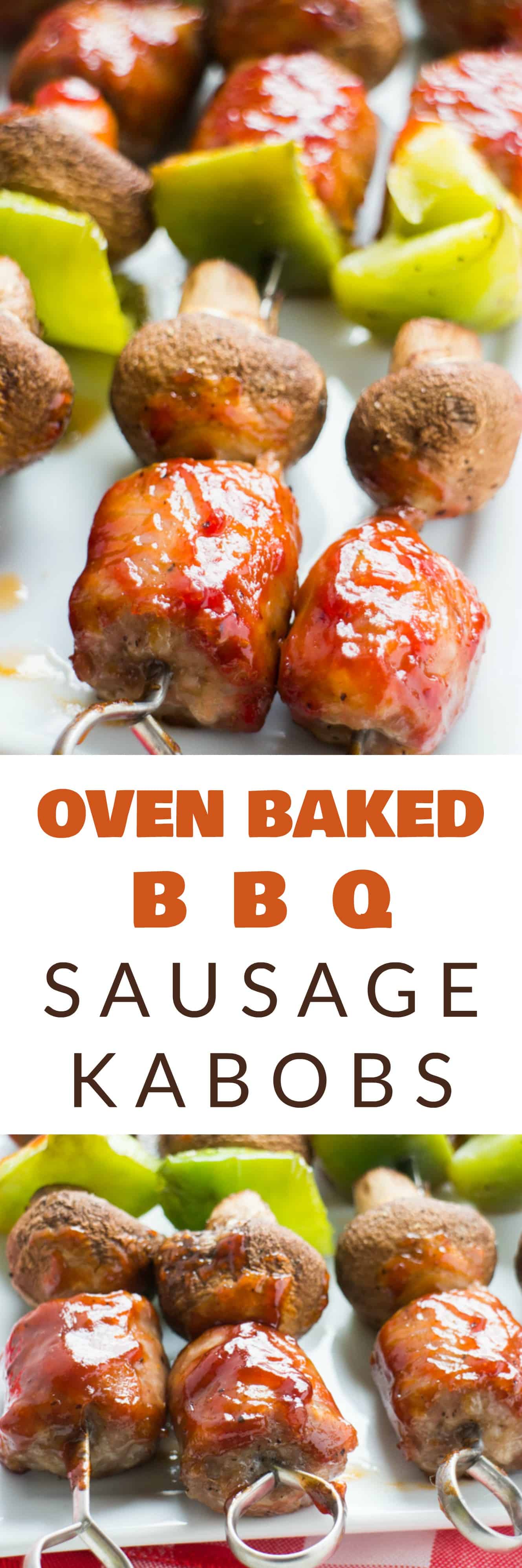 How to make BBQ Sausage Kabobs in the oven! This easy healthy recipe makes Sausage Shish Kabobs with mushrooms and peppers in the oven, no grill is needed! 
