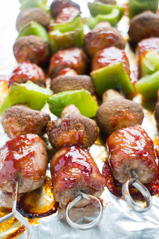How to make BBQ Sausage Kabobs in the oven! This easy healthy recipe makes Sausage Shish Kabobs with mushrooms and peppers in the oven, no grill is needed! 