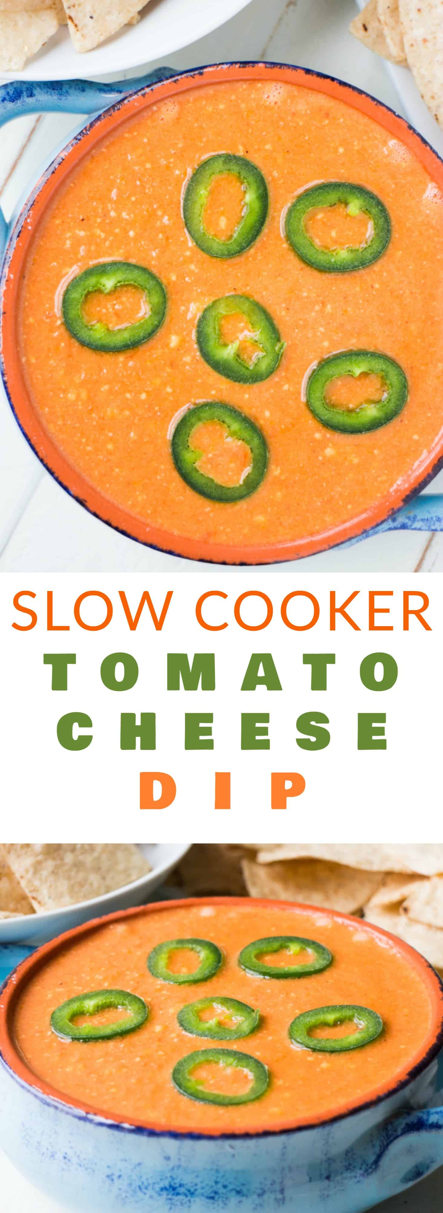 Slow Cooker Tomato Cheese Dip is a creamy easy to make dip that uses fresh tomatoes, peppers and Velveeta cheese! This simple homemade recipe is ready in 2 hours in the slow cooker and perfect to serve with tortilla chips for your next party! We especially love this dip for Mexican meals!