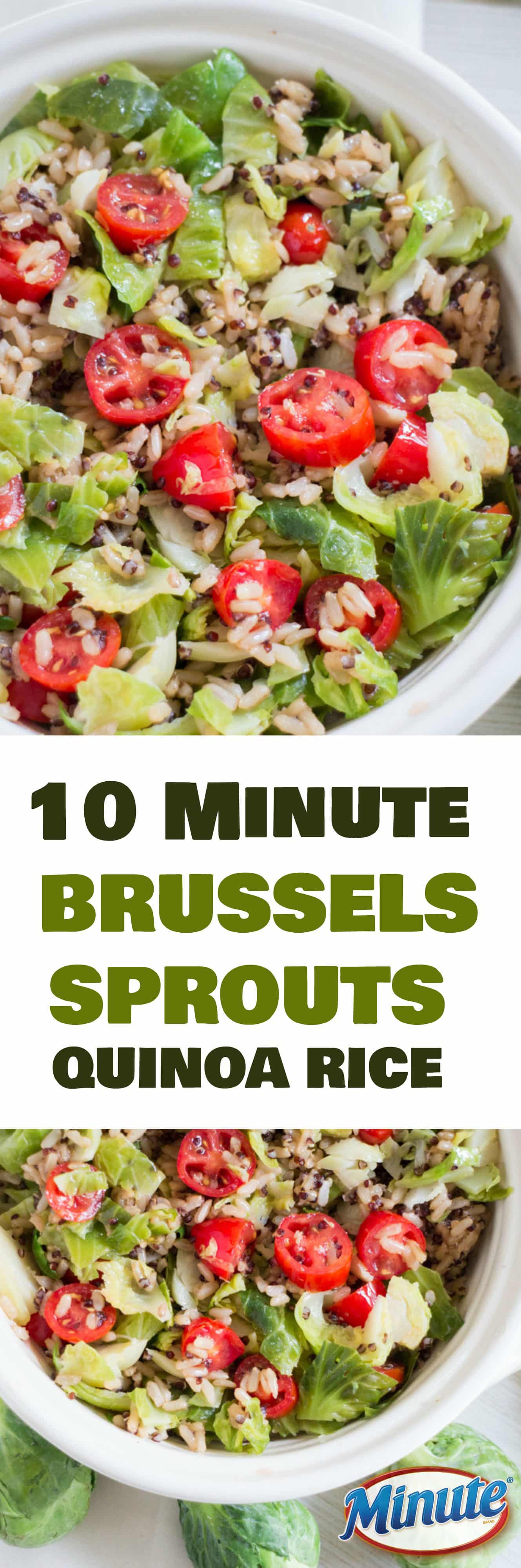 10 MINUTE Brussels Sprouts Quinoa Rice dish! This EASY clean eating recipe is made with Minute Rice and served with fresh Brussels Sprouts and cherry tomatoes! This healthy meal is gluten free and vegetarian - make it for a work lunch or easy dinner!