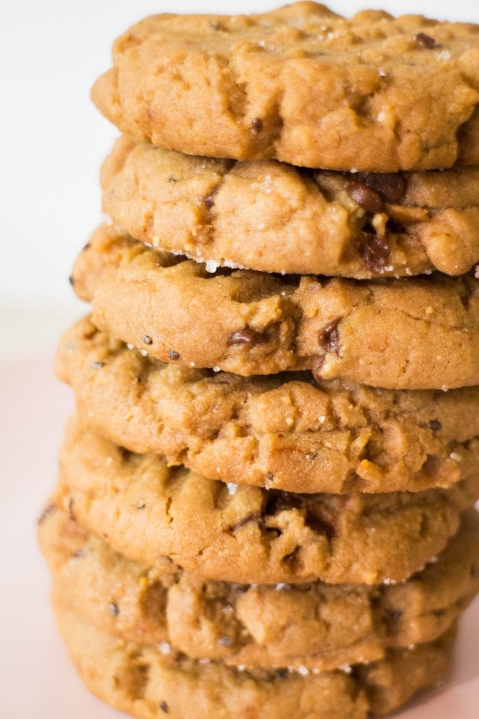 stack of peanut butter cookies on plate.