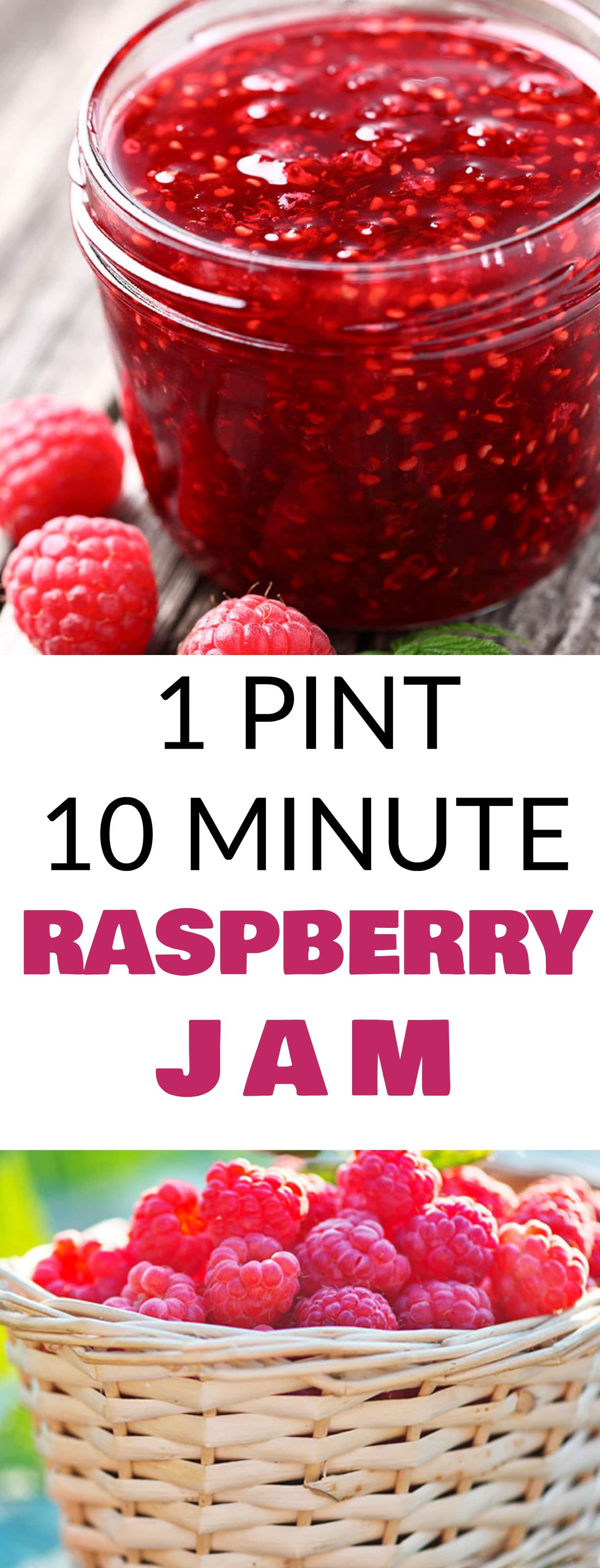 Easy 10 Minute Raspberry Jam recipe! This healthy homemade recipe uses 1 pint of fresh raspberries, honey and lemon juice. NO pectin or sugar required!  I always make 2 jars - one to store in the refrigerator and one to store in the freezer! 