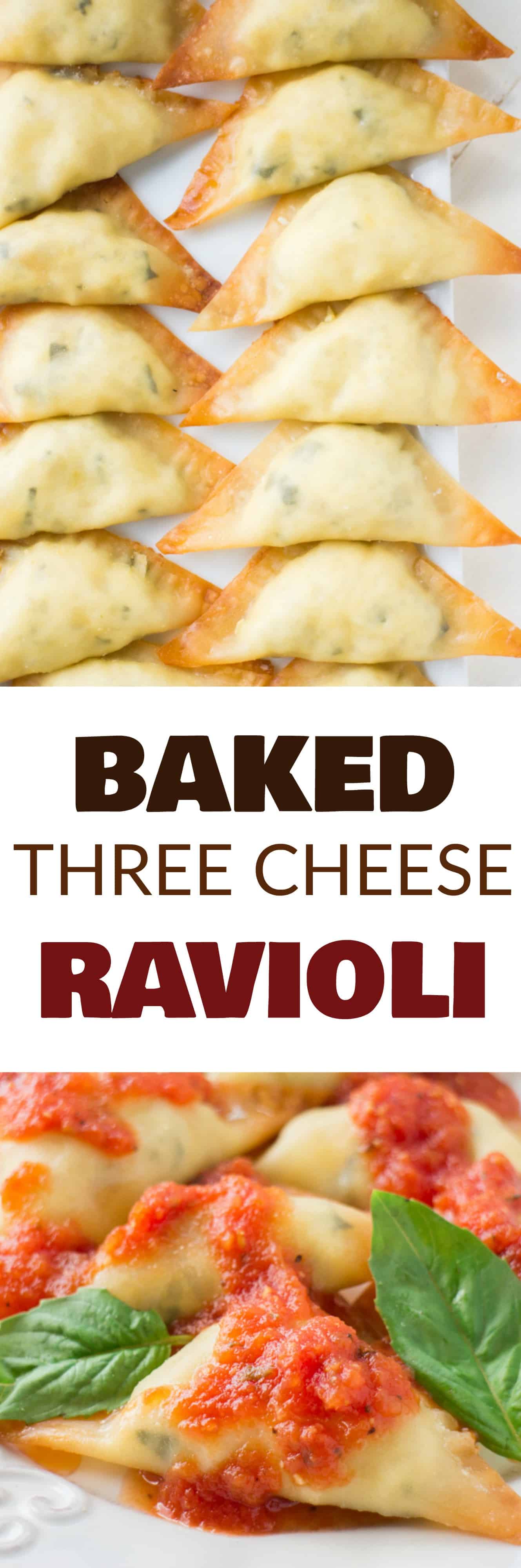 EASY BAKED Three Cheese Ravioli is one of my family's favorite meals! This homemade recipe uses wonton wrappers for the ravioli to make it faster and is filled with ricotta, mozzarella and Parmesan cheese! Instructions include how to make and bake immediately or freeze for frozen ravioli. 