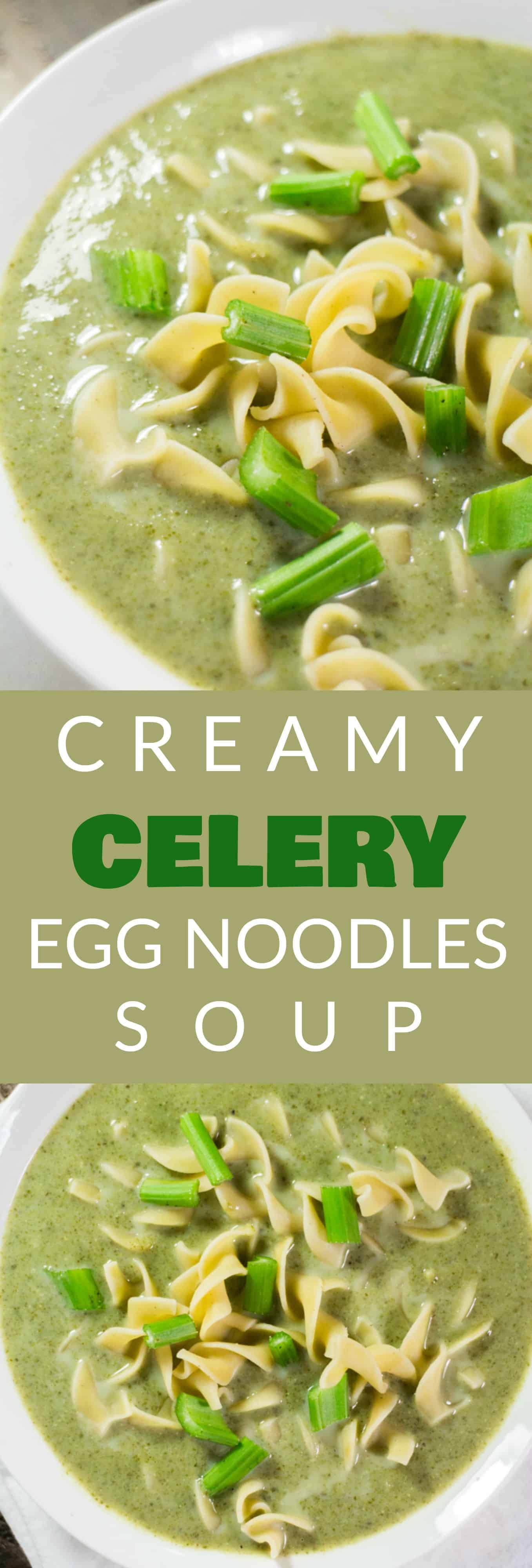 Creamy CELERY and Egg Noodles Soup recipe! This easy vegetarian soup is filled with vegetables and served with egg noodles for a hearty, healthy dinner! You can even add chicken in it for more protein! It's a simple and delicious way to eat your vegetables, even kids like it!  Whenever I ask myself "What should I do with a head of celery?" this soup is always the answer! 