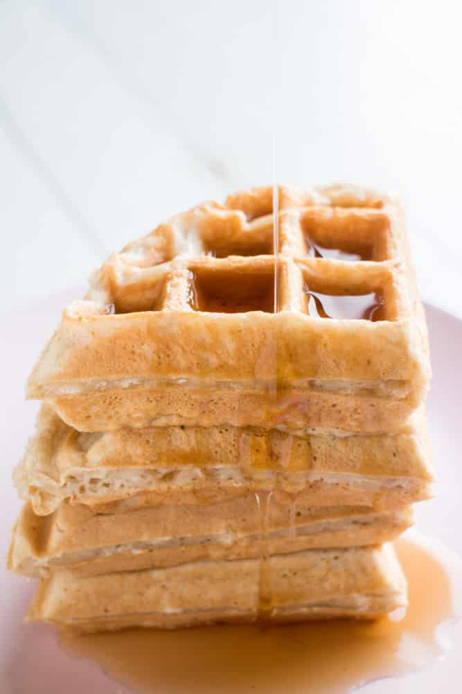 No Butter Fluffy Waffles recipe calls for applesauce instead of butter making this a healthy breakfast meal! I love these homemade waffles because they're so easy to make and so fluffy!