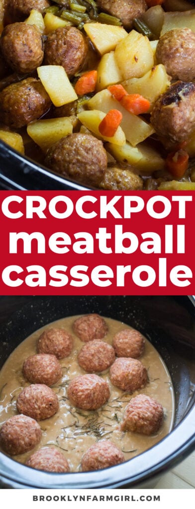 Slow Cooker Meatballs & Potato Casserole recipe, served with a creamy beef gravy.  These Crockpot Italian Meatballs are made with cream of mushroom soup, potatoes, carrots, celery and onion!  
