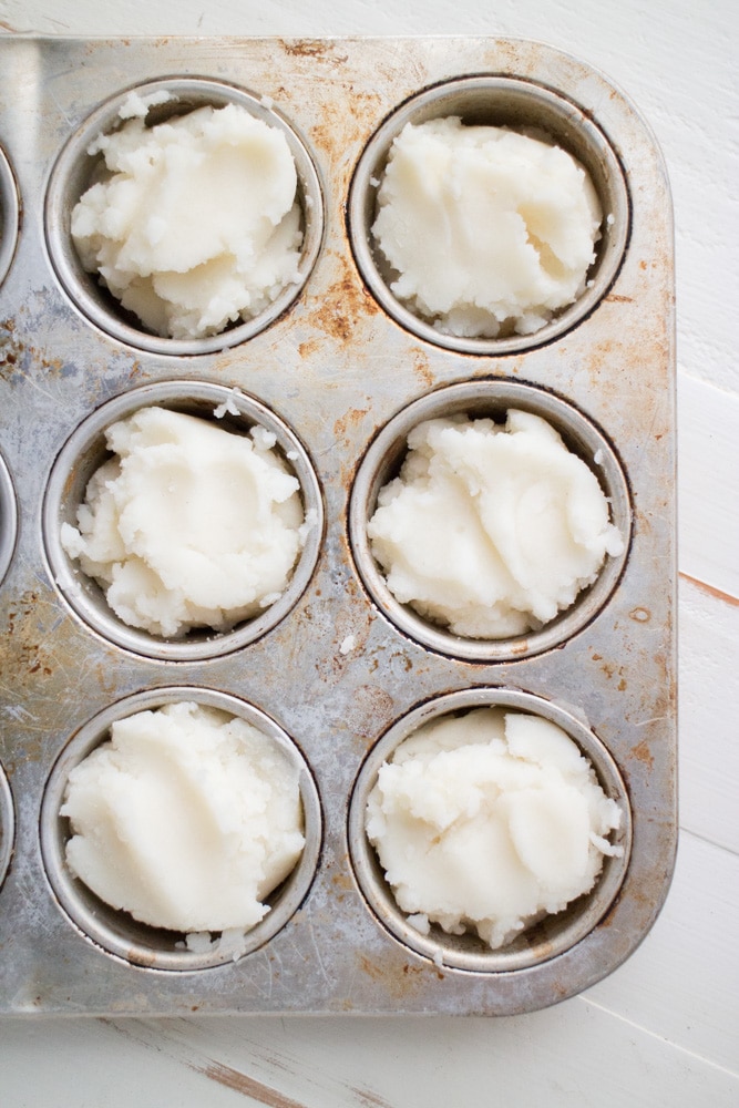 Mashed Potatoes in Muffin Tin, showing how to freeze potatoes.