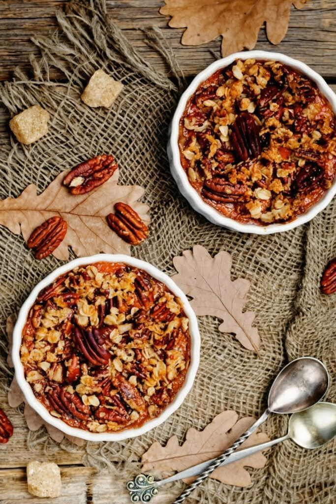 Two small pecan pies topped with pecans and crumble sit on rustic burlap and wooden table, surrounded by pecan nuts, sugar cubes, dried oak leaves, and two ornate metal spoons.