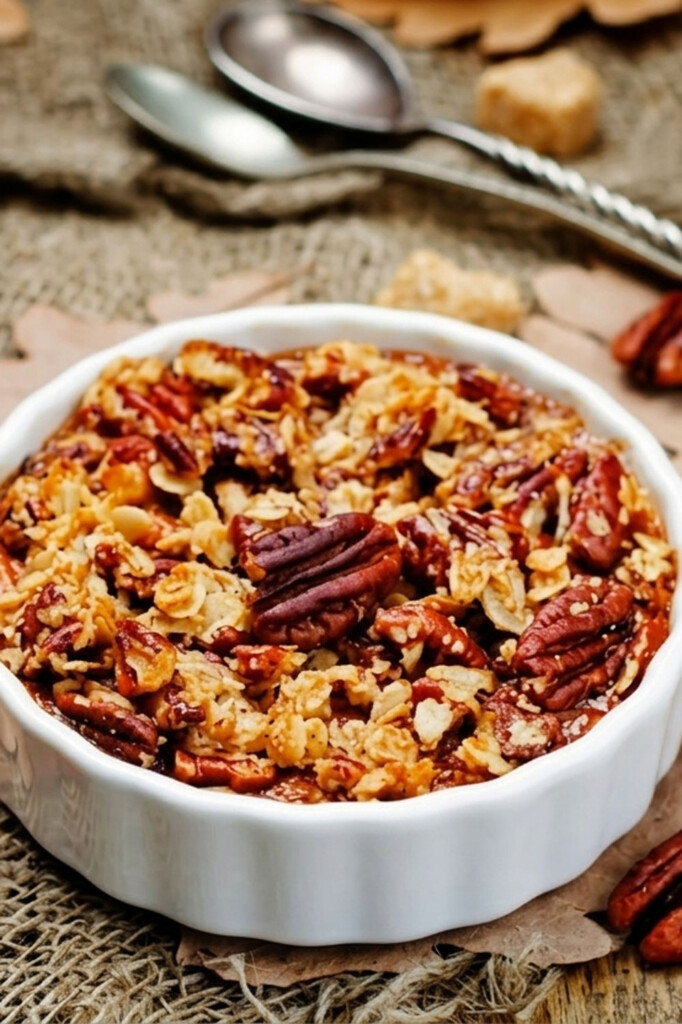 A white ceramic dish filled with sweet potato casserole, topped with whole pecans, sits on a rustic surface with two metal spoons and sugar cubes in the background.