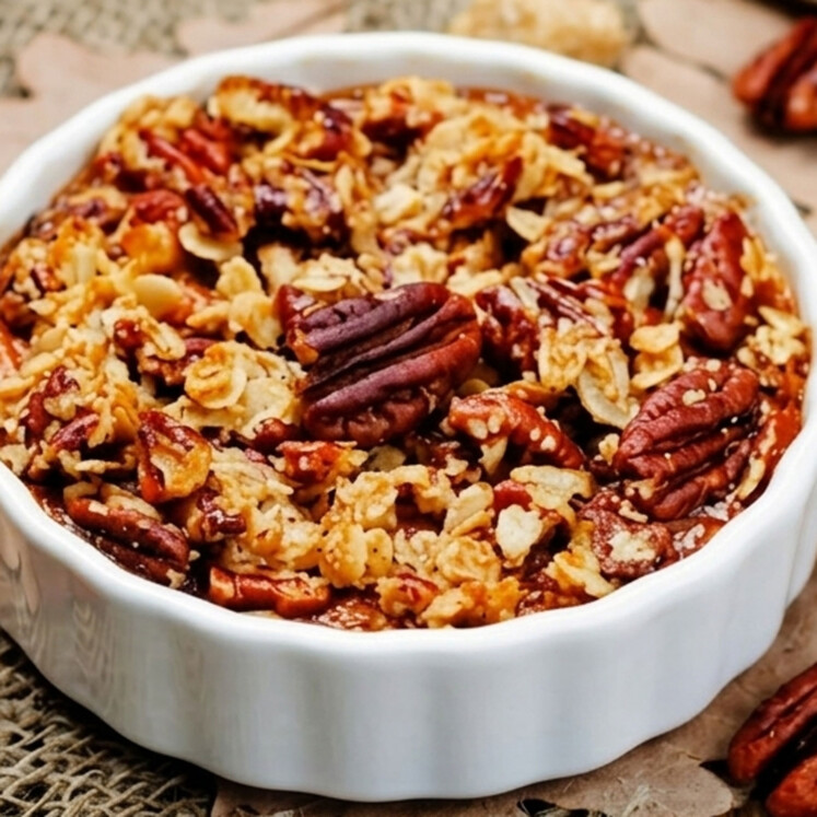 A white ceramic dish filled with pecan and oat crumble, featuring whole pecans and a golden, crunchy topping. The dessert sits on a rustic brown surface.
