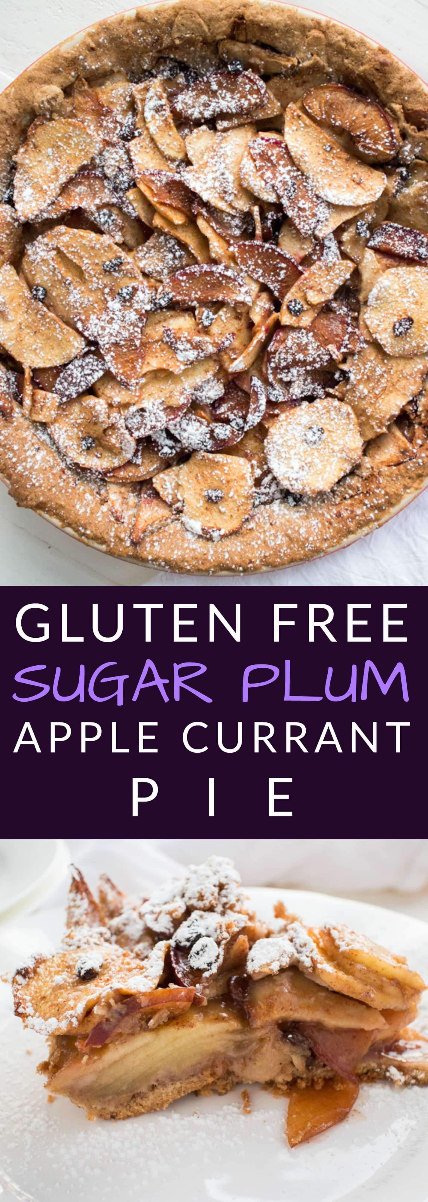 Perfect for CHRISTMAS, GLUTEN FREE Sugar​ ​Plum​ ​Apple​ ​Currant​ ​Pie! This easy to make pie recipe shows you how to make a gluten free pie crust using pecans, brown sugar and gluten free flour. The fruit filling is tossed with sugar and spices to make a delicious pie! This is one of the best pies, perfect for Christmas and Thanksgiving! I can promise you that no one will know that it's GLUTEN FREE! 