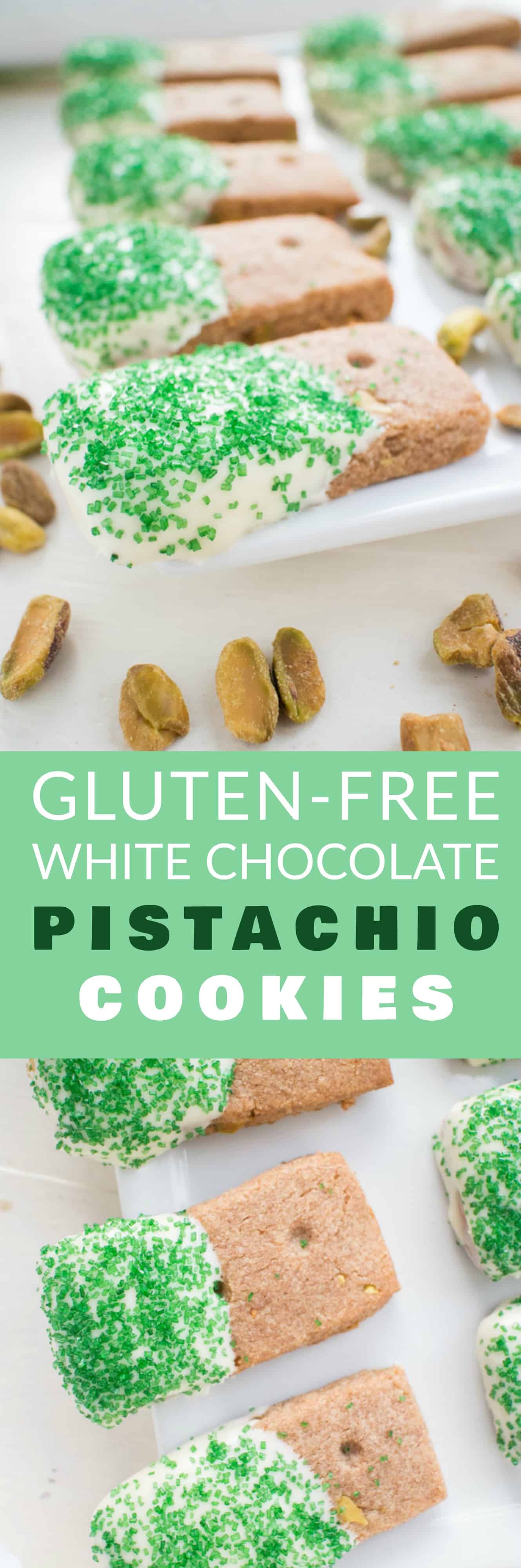 GLUTEN-FREE White Chocolate Dipped Pistachio​ ​​Cookies​ are the BEST for CHRISTMAS baking! This easy gluten-free recipe makes 48 spiced pistachio cookies that are dipped in melted white chocolate! They are made with almond flour and teff flour, making a perfectly formed cookie! They are one of my favorite Christmas cookies, perfect for family eating and holiday gifts!