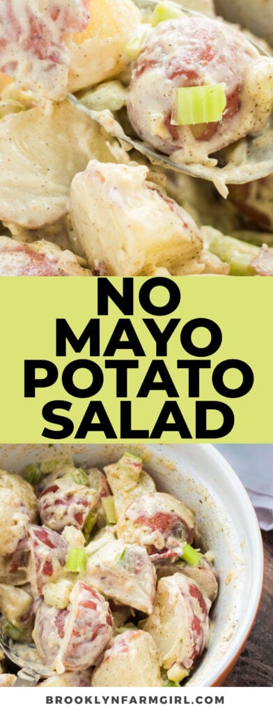 Creamy No Mayo Potato Salad made with ranch dressing instead of mayonnaise.  Tender red potatoes are boiled to perfection, mingle with crisp celery and finely chopped onion and then covered in 3/4 cup of Ranch Salad Dressing.