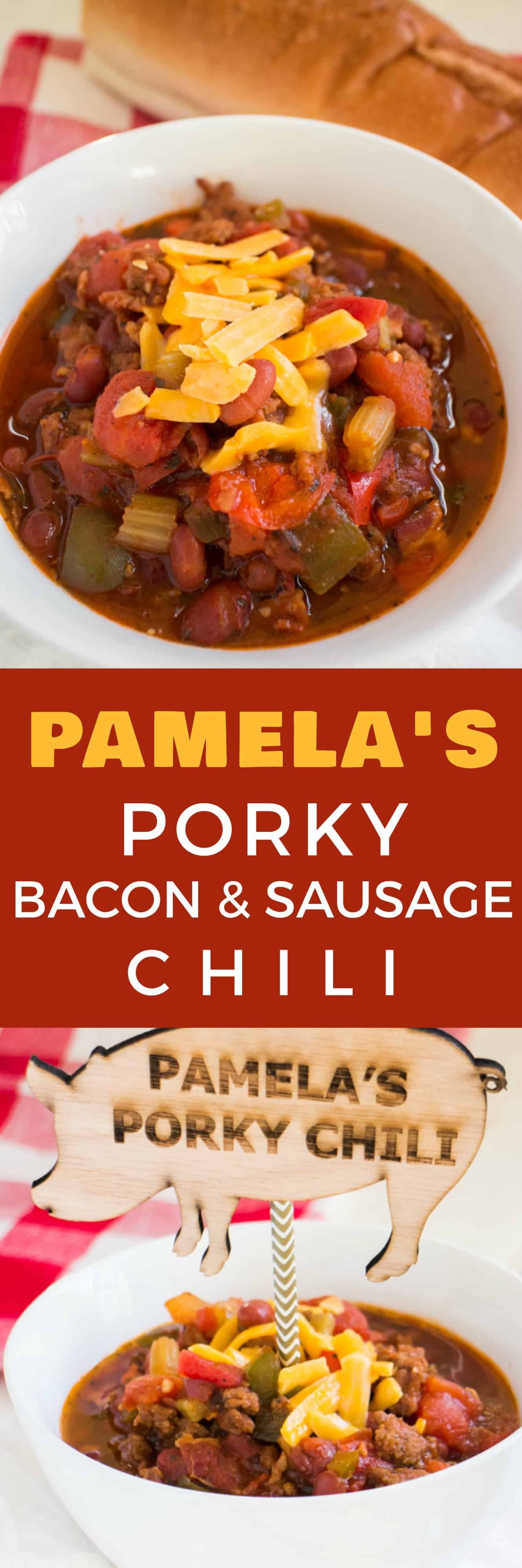 PAMELA’S Slow Cooker Pork Chili is made with BACON and SAUSAGE! This pork chili is one of the easiest crockpot recipes with diced tomatoes and beans! If you’re looking for dinner ideas to make as your family’s favorite comfort food dinners, then this it!   Ready in 6 hours on LOW. Serve with shredded cheese and a big piece of crusty bread! 