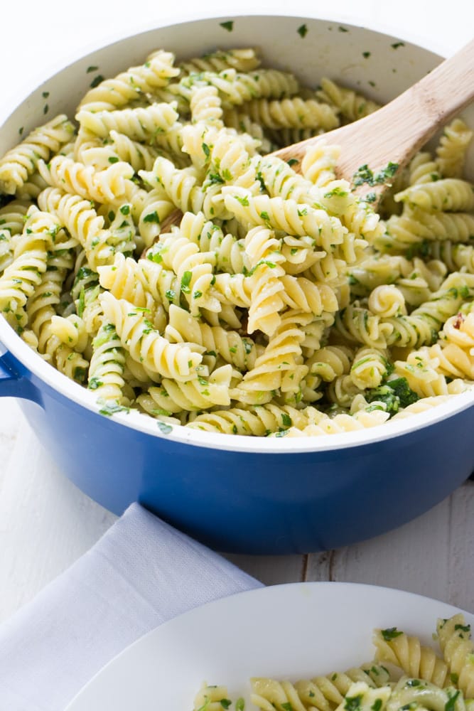 Parsley Parmesan Pasta recipe that takes 15 minutes to make and costs less than $4.   Blend the parsley with other simple ingredients to make a nut free pesto sauce and then pour on top of pasta! Your entire family will like this fresh parsley pasta dinner.