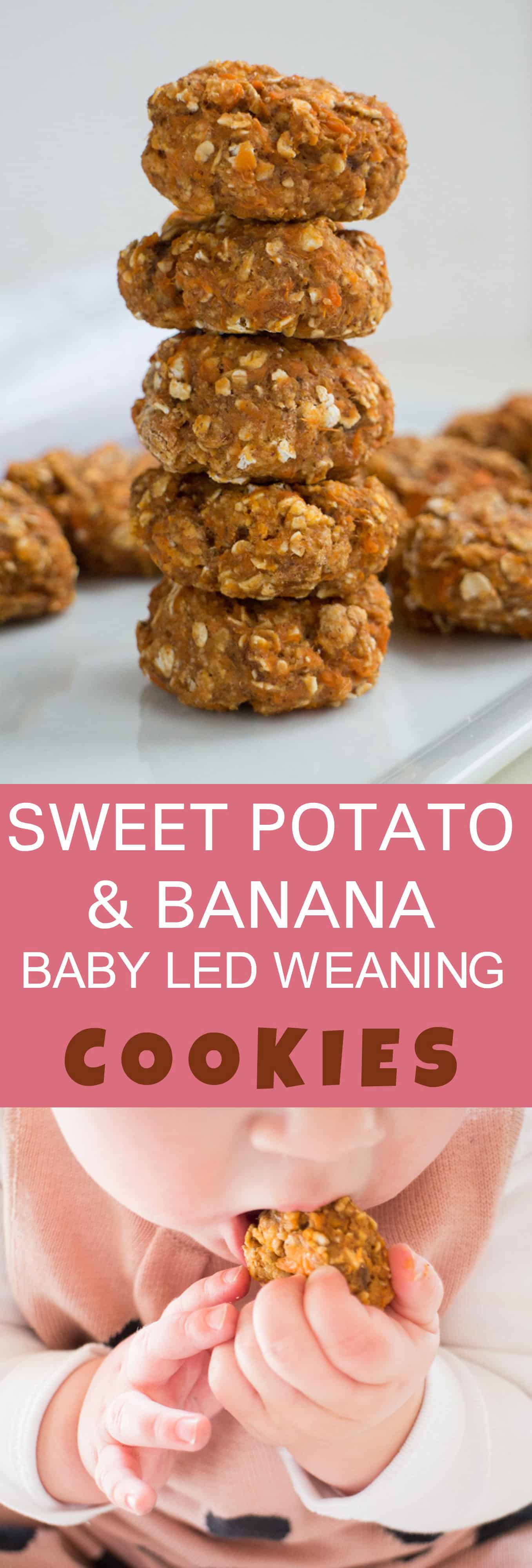 HOMEMADE COOKIES recipe for baby led weaning and soothing a teething baby! These healthy Sweet Potato cookies are made with mashed sweet potato, banana, baby cereal and oatmeal!   My favorite part is that these cookies are so delicious we can share them together! 