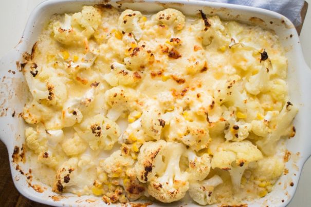 BAKED Cheddar Cheese Cauliflower Casserole recipe! This Loaded Cauliflower Cheese Bake is vegetarian and easy to make. This low carb, keto casserole can be either a side dish or a main dish!  