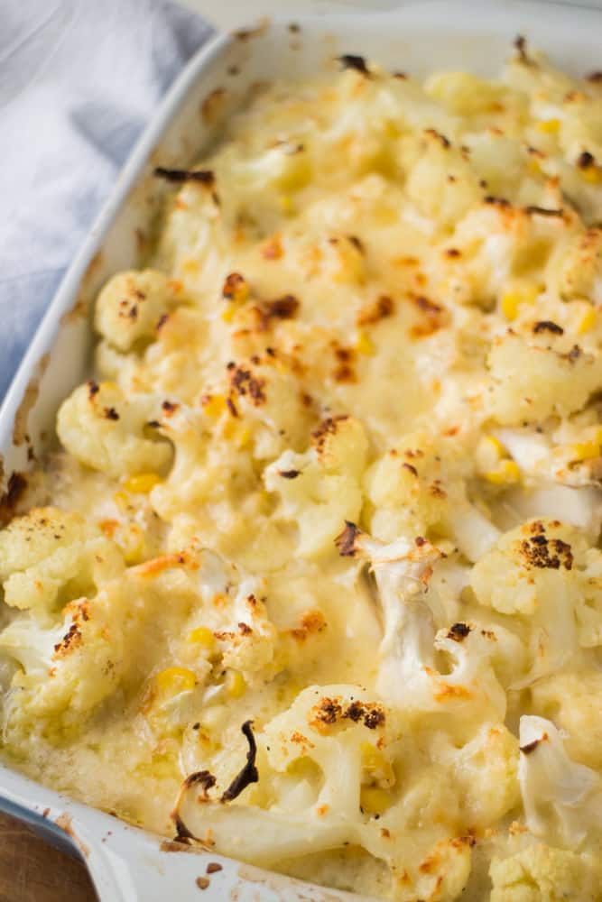 BAKED Cheddar Cheese Cauliflower Casserole recipe! It's vegetarian and loaded with cauliflower and corn! This easy to make low carb, keto casserole can be either a side dish or a main dish!  