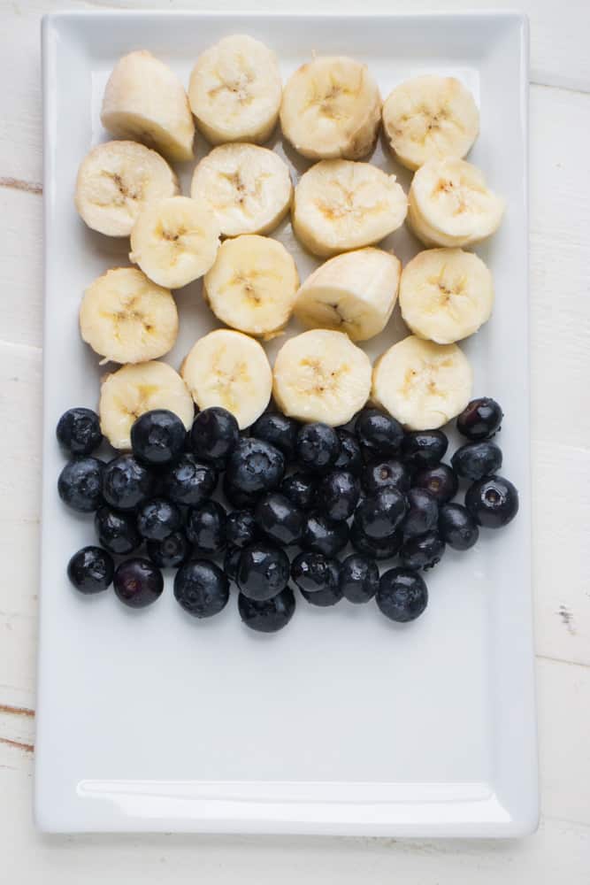 bananas and blueberries on plate.