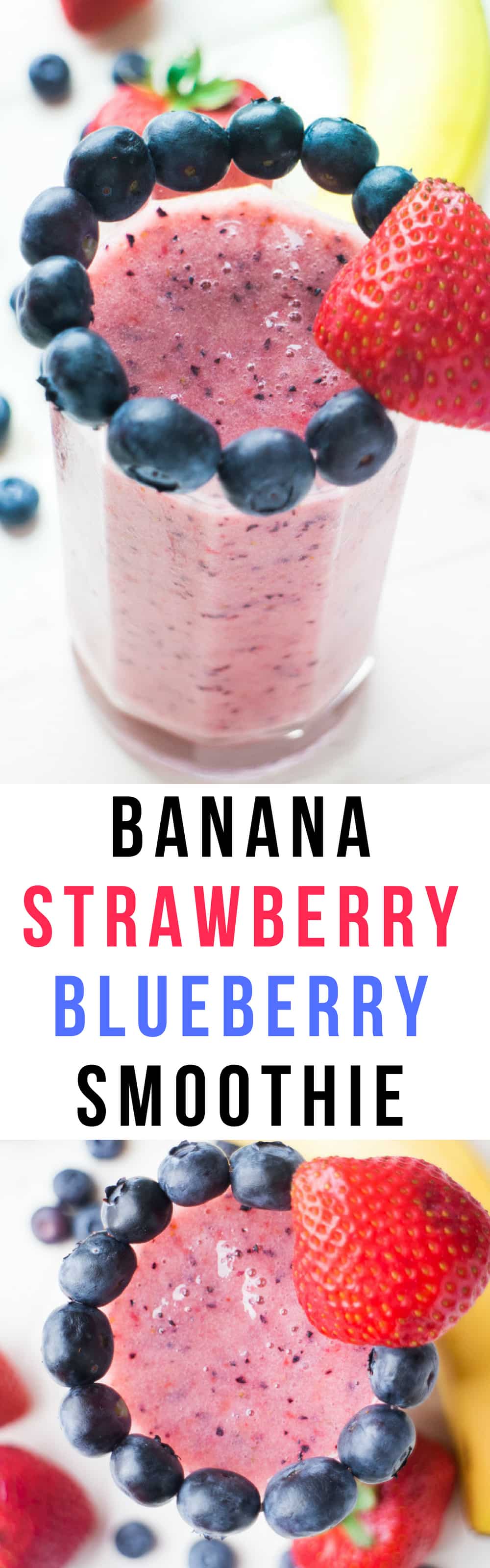 Dairy Free Banana Strawberry Blueberry Smoothie! This easy recipe uses fresh fruit to make a creamy smoothie perfect for breakfast or afternoon snack.  Bonus: my kids love it too! Dairy free & vegan - no milk or yogurt in it!