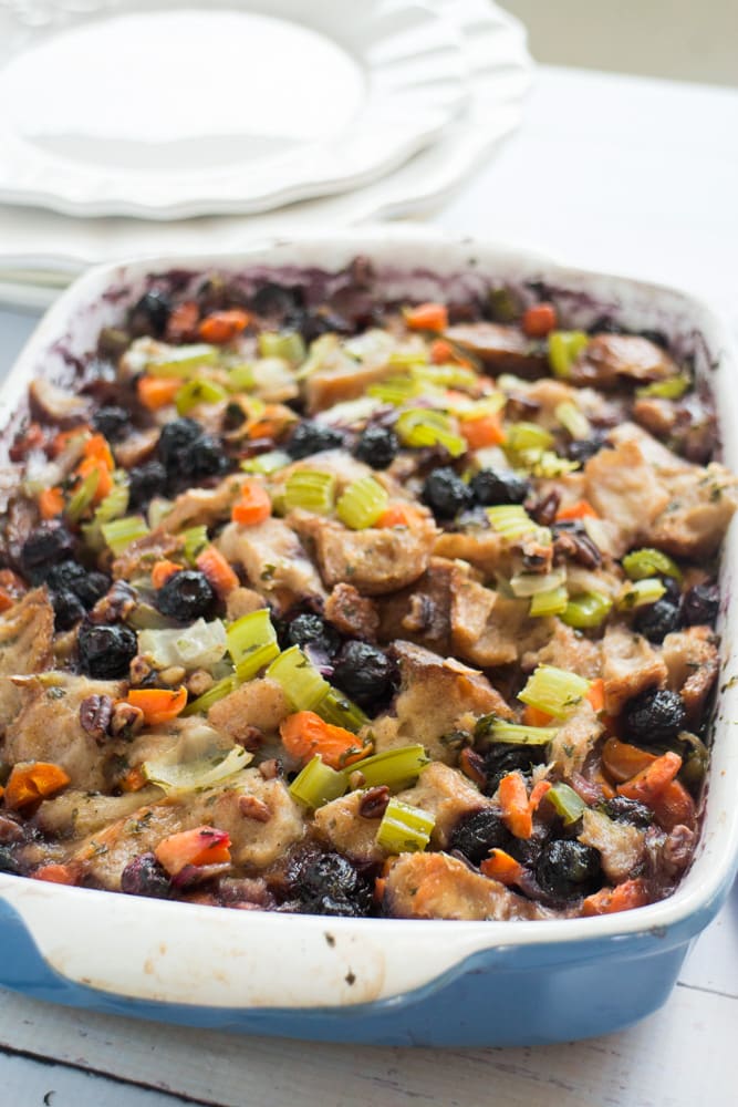 Blueberry Bread Stuffing! Traditional homemade vegetarian bread stuffing with sweet blueberries added in! This comes from a Grandma’s vintage cookbook, so you know it’s going to be the best! It’s easy to make and you can even make it ahead of time to freeze!