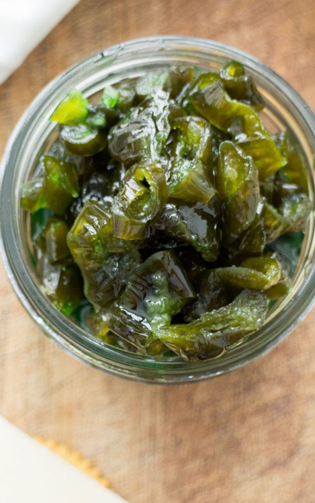 candied jalapenos in glass jar