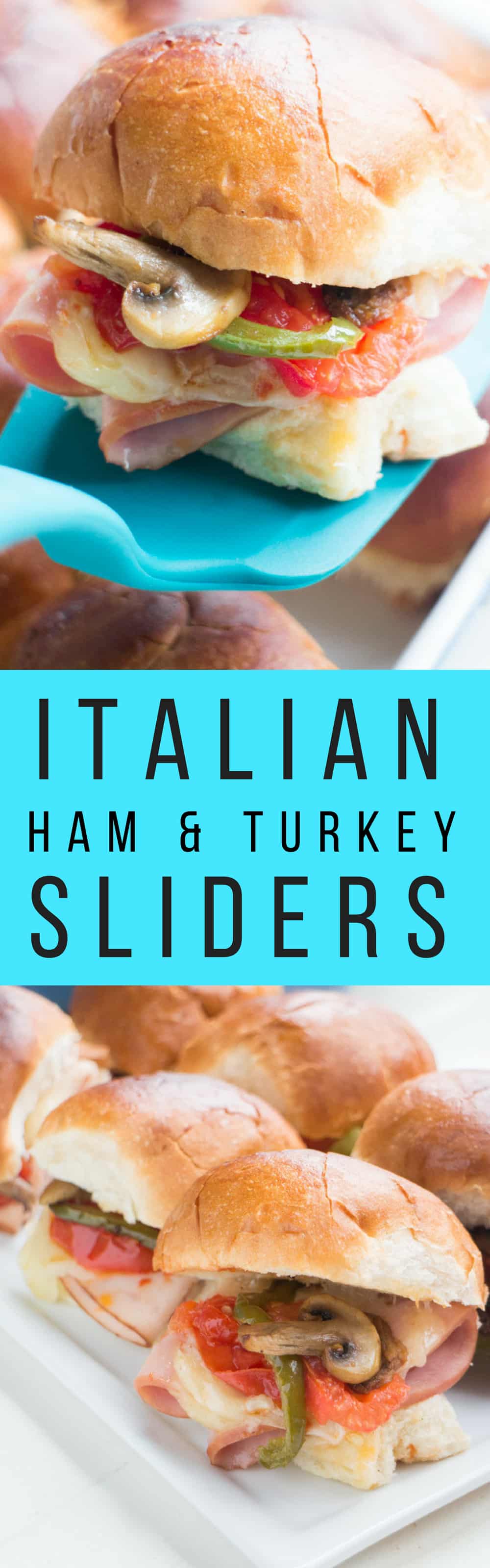 ITALIAN Ham and Turkey Sliders with ROASTED Vegetables on Hawaiian Sweet Rolls! This mini sandwich recipe is so easy to make and makes the perfect meal for dinner, potlucks and party finger foods!  