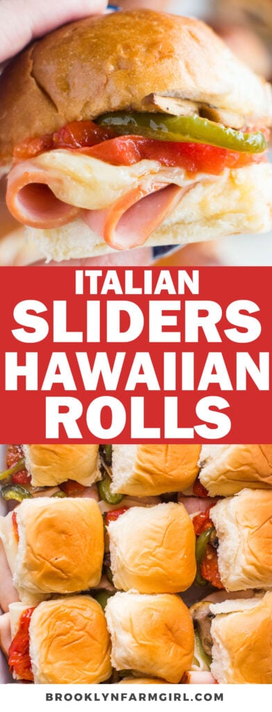 Baked Italian Sliders are made with honey ham, turkey breast, provolone cheese, and roasted veggies stacked on sweet Hawaiian rolls! These mini sandwiches are easy, fast and delicious! Perfect for lunch, dinner or a party!