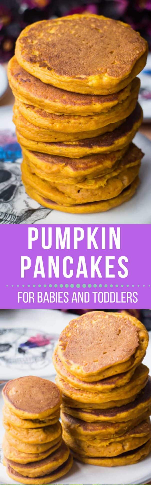 Pumpkin Baby Pancakes Recipe for babies, toddlers and parents!  This easy pancake recipe is great for baby led weaning for first foods!  These pumpkin pancakes are healthy and nutritious!  Serve for breakfast or dinner - freeze leftovers for busy mornings or daycare!