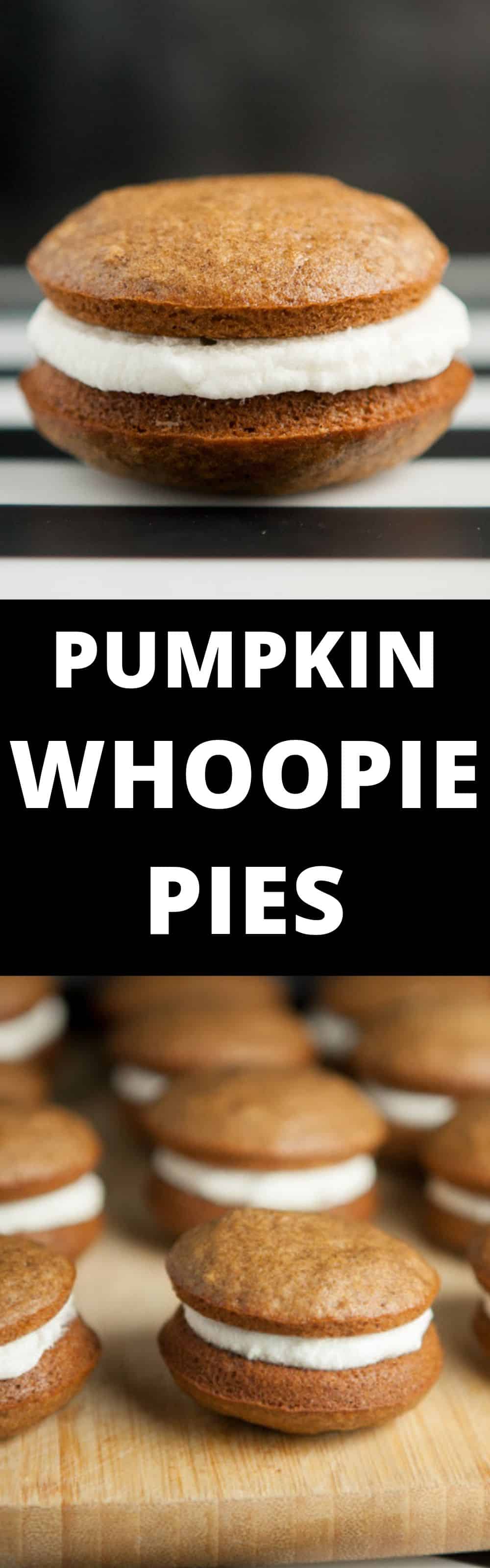These incredible pumpkin whoopie pies are made with two soft and fluffy pumpkin cake-like cookies and a layer of marshmallow filling sandwiched in between. It’s a fun and perfect little treat you can eat right out of your hands.